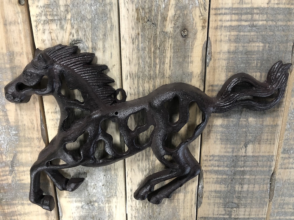 Wandornament abstraktes Bild eines laufenden Pferdes, Gusseisen braun