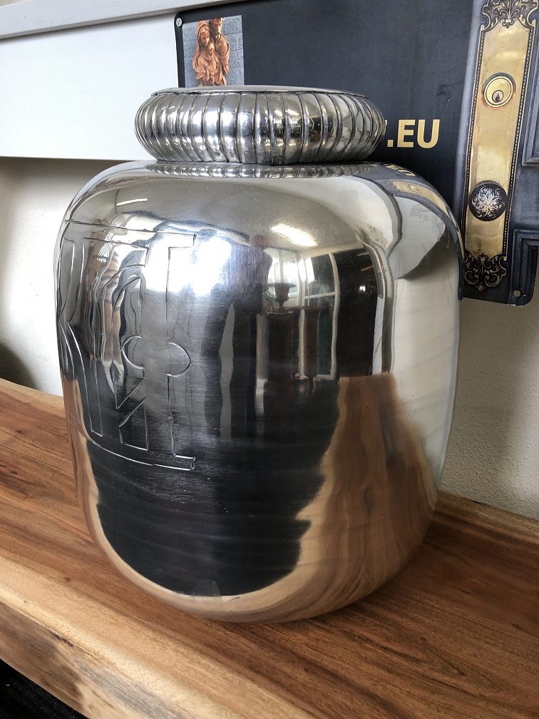 Vase - Krug - Aluminium XL, silber-look, mit Aufschrift, sehr schön