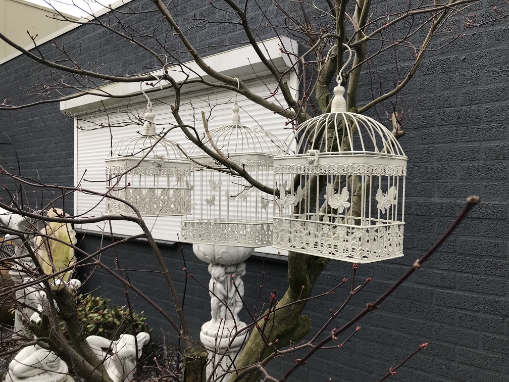 Set of 3 classic bird cages, iron, rustic-white