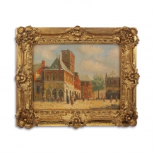 Olieverf schilderij in lijst, oud stadsgezicht. 