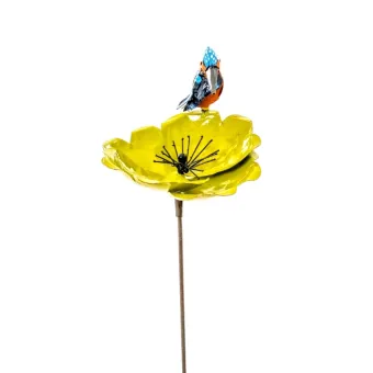 Tuinsteker Gele Bloem met IJsvogel - Metaal