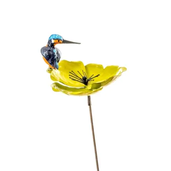 Tuinsteker Gele Bloem met IJsvogel - Metaal