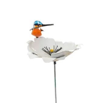 Tuinsteker Bloem met IJsvogel - Metaal - Witte Tuinbloem