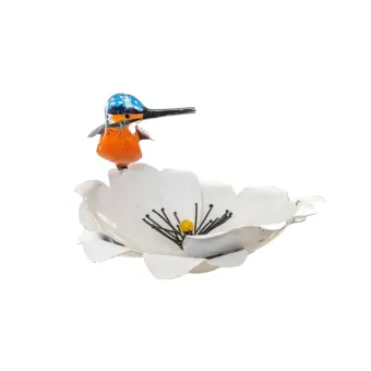 Tuinsteker Bloem met IJsvogel - Metaal - Witte Tuinbloem