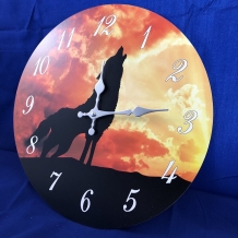 Wooden clock with image of a wolf.