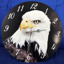 Wooden clock with an image of an eagle.