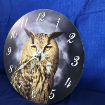 Wooden clock with an image of an eagle owl.