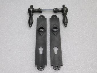 Door Hardware Set - Kensington Handles + Prestige Door Plates - Galvanized Cast Iron