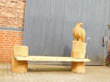 Heavy oak garden bench with large carved eagle on the right holder, unique and beautiful.