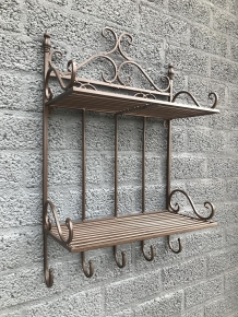 Wall rack with 2 shelves, wrought iron bl-brown