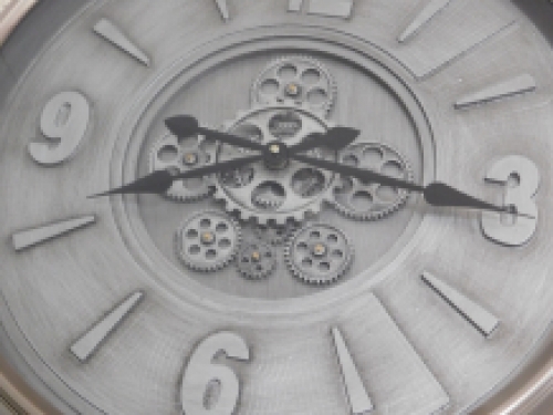 Large wall clock with rotating gears - silver gray