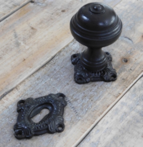 Door knob with two rosettes - door knob, knob rosette and lock rosette - antique iron, dark brown