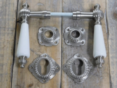 Set of door hardware - cylinder lock suitable - matt nickel with white porcelain handles