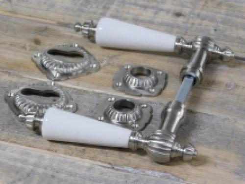 Set of door hardware - cylinder lock suitable - matt nickel with white porcelain handles
