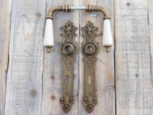 Set of door handles with long plates PZ 72 - patinated brass - handles made of porcelain