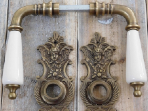 Set of door handles with long plates PZ 72 - patinated brass - handles made of porcelain