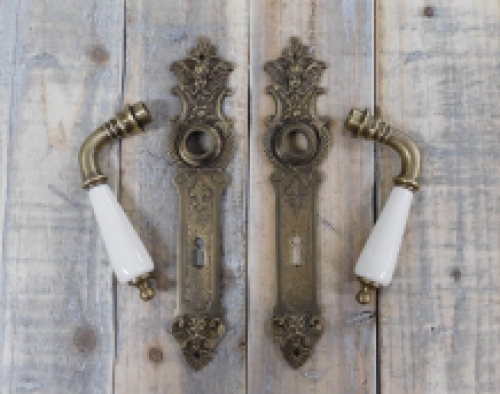 Set of door handles with long plates PZ 72 - patinated brass - handles made of porcelain