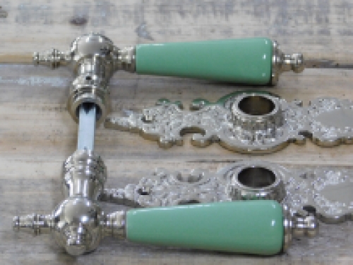 Set of door hardware - polished nickel - with pastel green porcelain handles