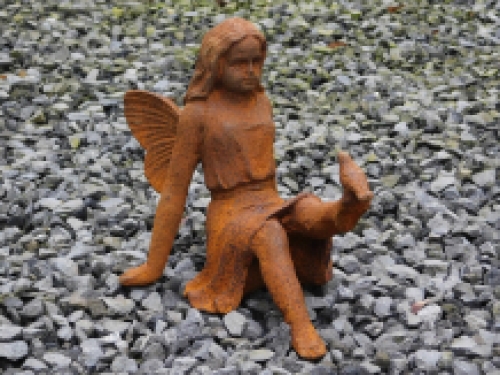Statue Elf-engel mit Vogel - Gusseisen