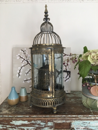 Beautiful metal lantern with separate fire hood and cut glass.
