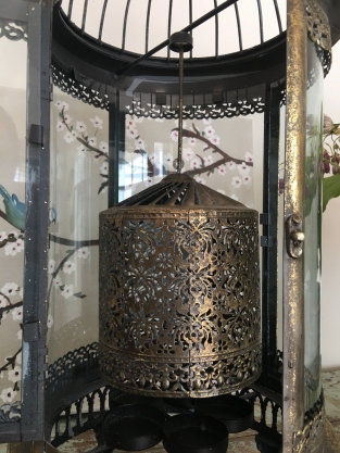 Beautiful metal lantern with separate fire hood and cut glass.