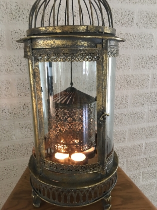 Beautiful metal lantern with separate fire hood and cut glass.