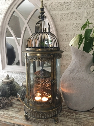 Beautiful metal lantern with separate fire hood and cut glass.