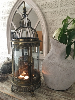 Beautiful metal lantern with separate fire hood and cut glass.