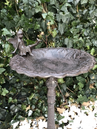 1 bird bath with sitting angel + dove, cast iron, antique brown rest