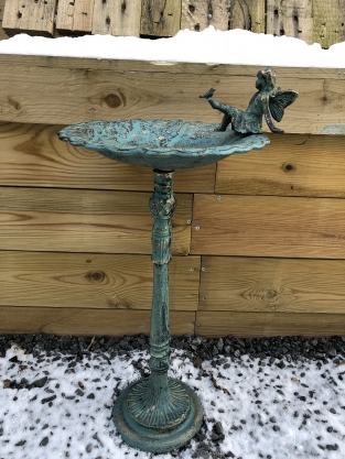 1 birdbath with sitting angel + dove, cast iron, antique green-rust-gold