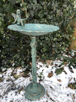 1 birdbath with sitting angel + dove, cast iron, antique green-rust-gold