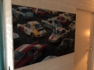 Wanddecoratie kunst op glas, Full color oldtimer & Porsche, zeer fraai!!