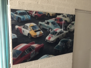Wanddecoratie kunst op glas, Full color oldtimer & Porsche, zeer fraai!!