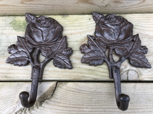 Set of coat hooks with a rose, coat rack in cast iron, antique, brown