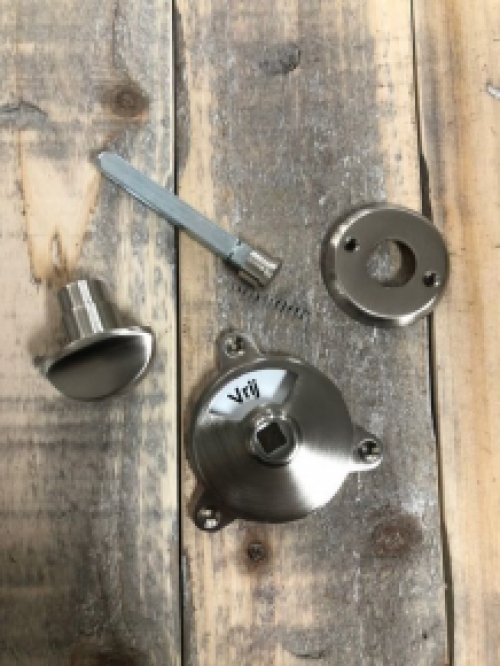 Twist lock brushed free and occupied for toilet door, toilet door, mounting Nickel.