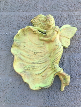 Wall ornament / birdbath angel, cast iron green