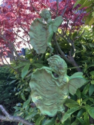 Wall ornament / birdbath angel, cast iron green