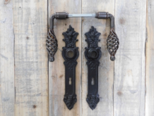 Set of door handles ui with 2 long door plates angels - for room doors 2 rosettes, 2 Castle rosettes - dark brown iron