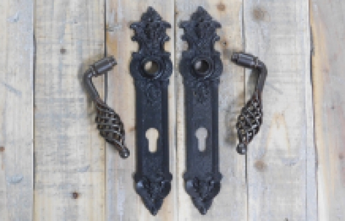 Set of door hardware - 2 handles turned iron + 2 protective plates PZ92 angel, antique iron