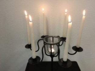 Candlestick wrought iron brown-black, 6 arms, with beautiful light glass!!