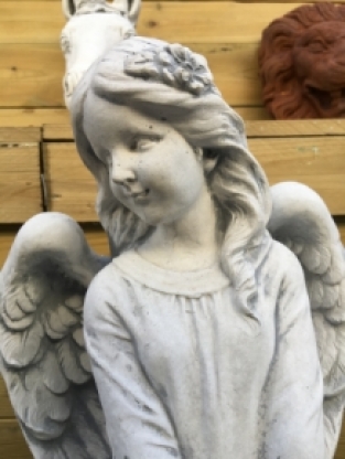 Stone statue, angel standing with basket, beautiful heavy statue!!
