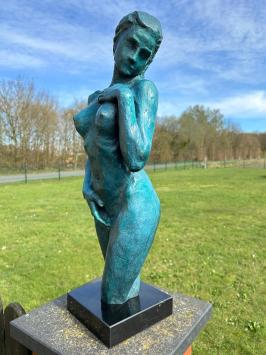 Elegant blue bronze statue of a nude woman on marble base