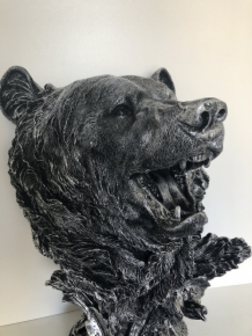 Statue Bear Head - Polystone - Silver Grey with Black