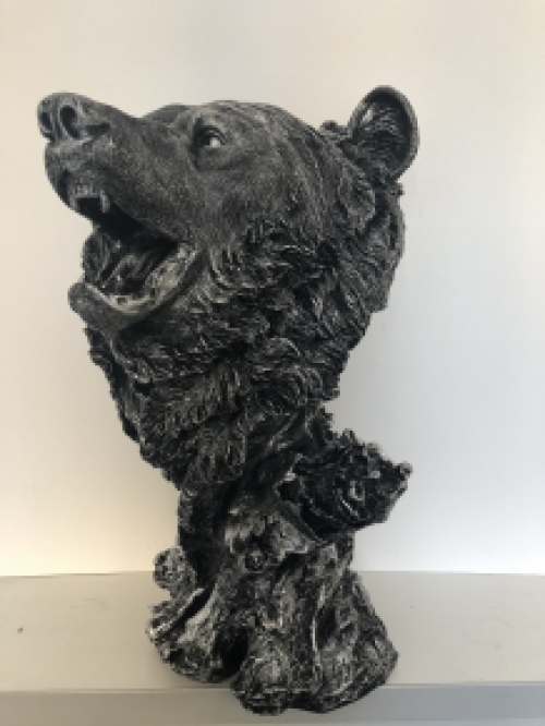 Statue Bear Head - Polystone - Silver Grey with Black