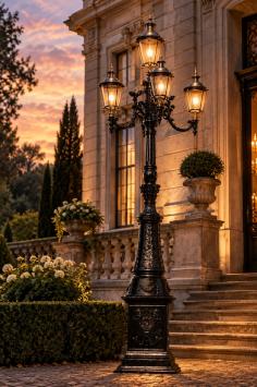 XXL Lamppost with 5 copper-brass Shades – approx. 425 cm – Black Aluminium with Brass & Copper