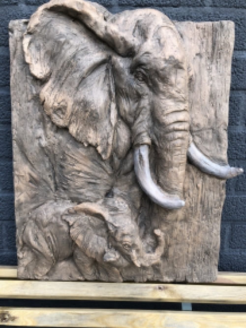 Wall ornament wood look with 3D image of 2 elephants, polystone-wood.