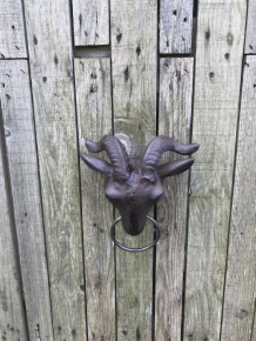 Large door knocker with head of a ram, door knocker with ring, heavy cast iron