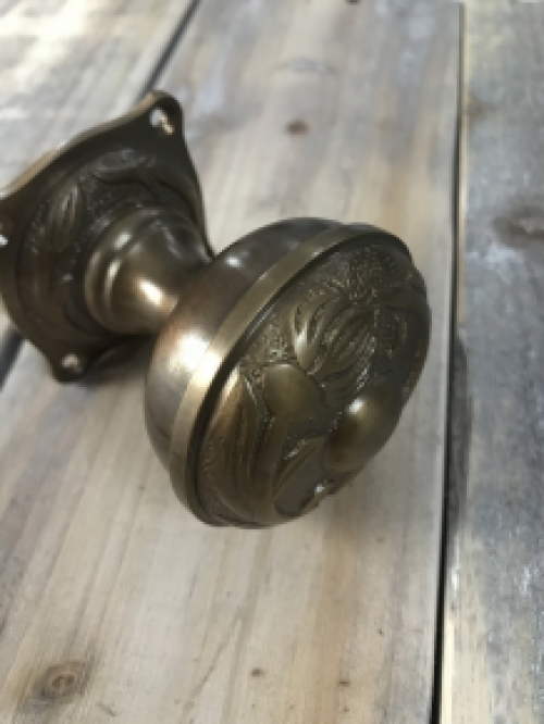 Door Knob , Art Nouveau Knob with Rosette , patinated brass, swivel.