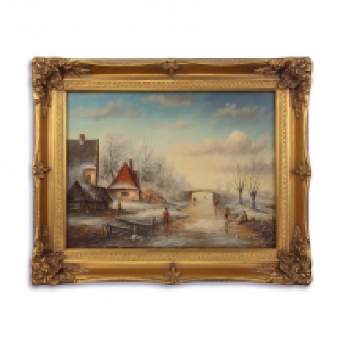 Olieverf schilderij in lijst, oud winters landschap.