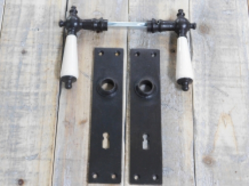 Set of door hardware - antique iron dark brown - with porcelain handles - for room doors